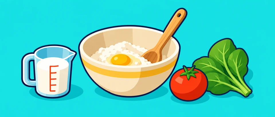 Mixing bowl, wooden spoon, milk and vegetables