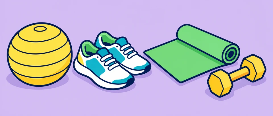 Exercise ball, trainers, mat and dumbbell