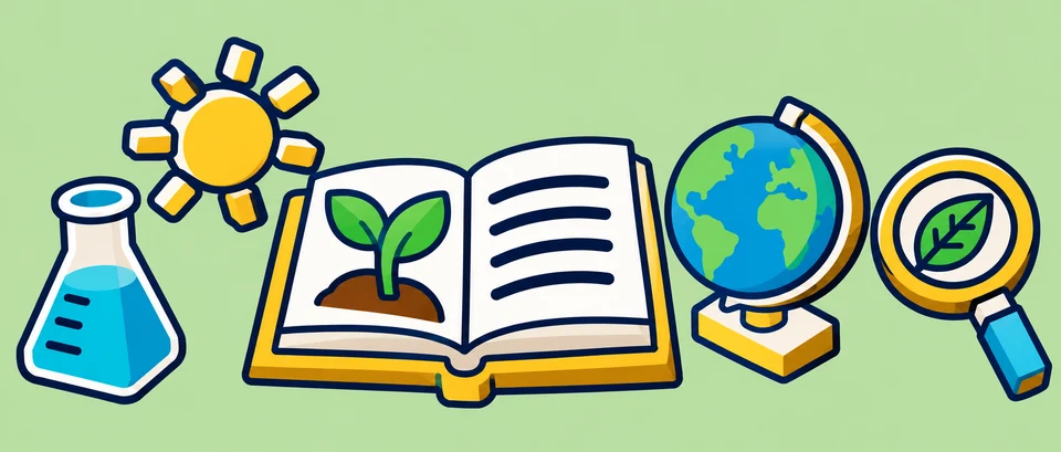 Plant, flask, globe and magnifying glass