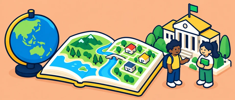 Map book, globe, children and school
